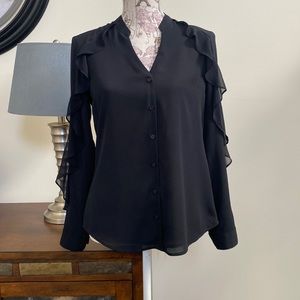 EUC Express Black Semi Sheer Ruffle Slim Fit Portofino Shirt S